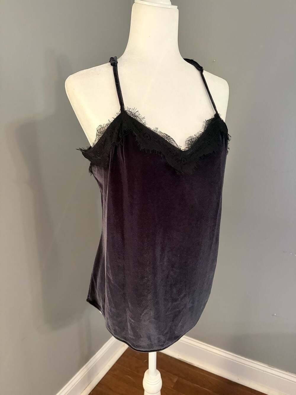 Nine West Faux Velvet Lace Camisole Top - Black - Size M